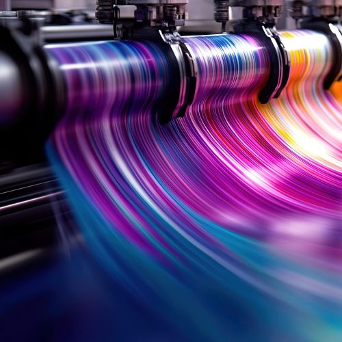 Close view of colorful liquid line flow pattern during a printing process with colors including blue, pink, purple, orange, and yellow in a high resolution image.